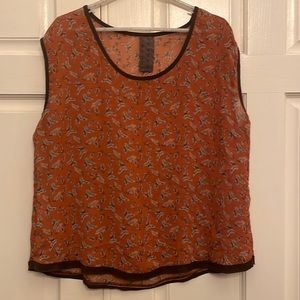 Wallpapher Women’s Sheer Tank Top, Sz L. Rust with Natural Feathers. Brown Trim.